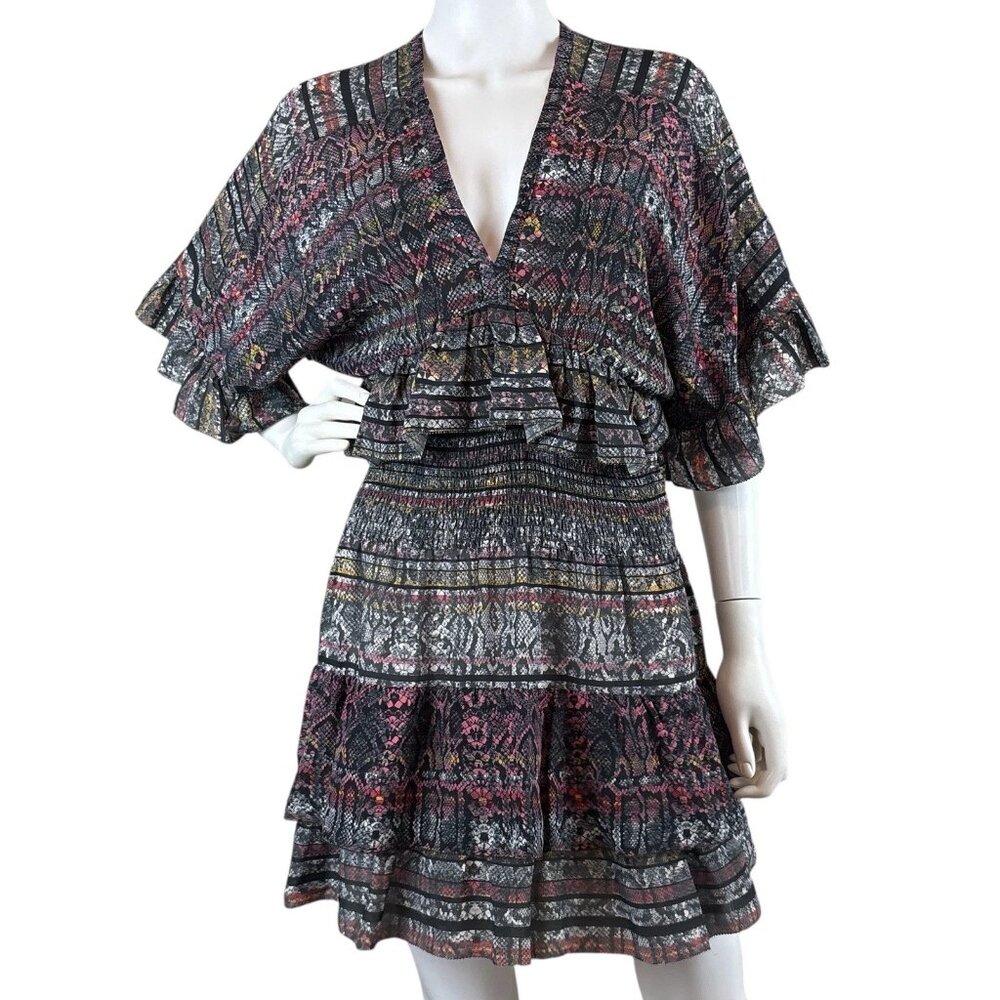 IRO Tulsa Silk Snake Print Striped Ruffle Boho V Neck Cocktail Dress Size 36
